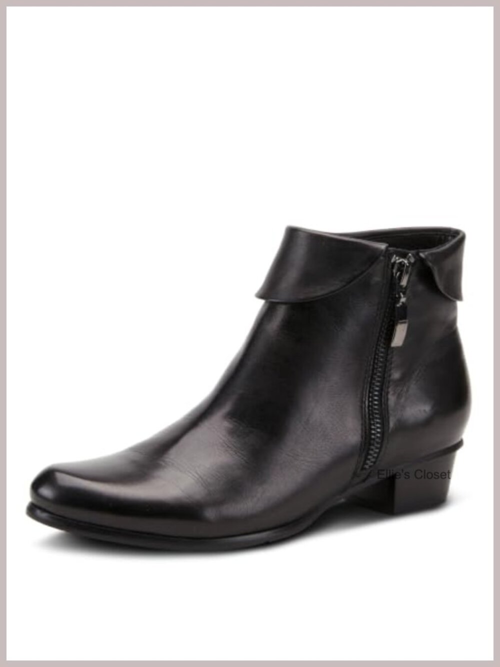 Polish Leather Pull-On Ankle Bootie Fold-Over Cuff Stacked Heel
